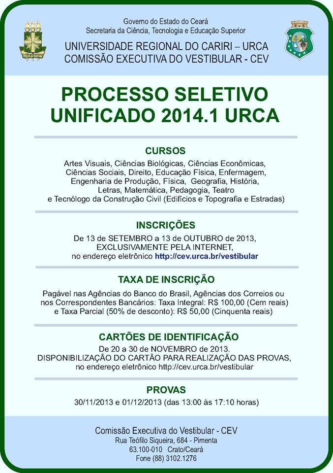 URCA divulga datas do pedido de isenção da taxa, das inscrições e das provas do vestibular 2014.1